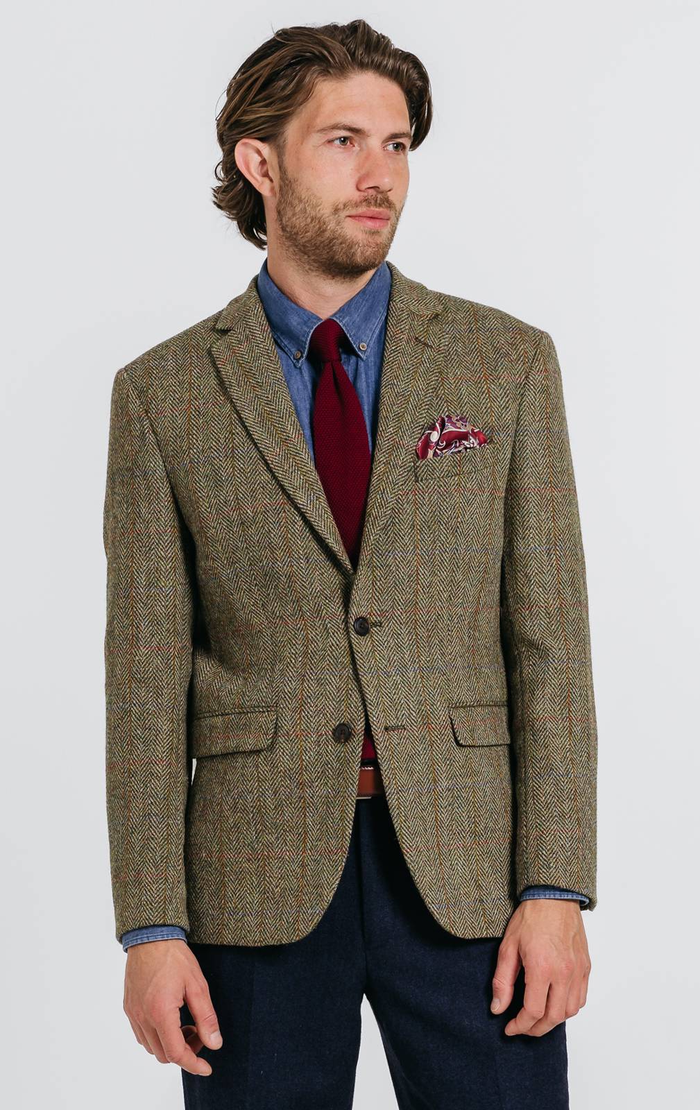 Harris Tweed Veste 106 Vert Olive à Carreaux 2-Knopf Patchs comme Neuf
