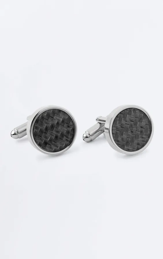 Boutons de manchette ronds gris et argent à motif géométrique