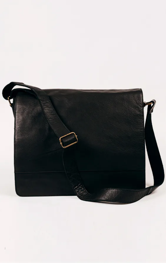 Grand sac messager en cuir noir