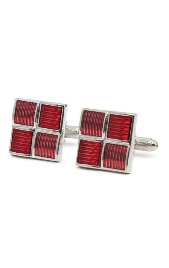 Boutons De Manchette Carrés – Motif Rouge Et Bleu – Métal Rhodié – Neuf Sans Emballage