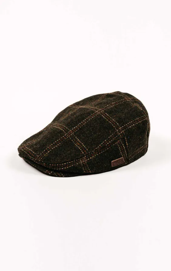 Casquette plate à carreaux en sergé vert olive