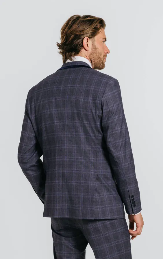 Veste de costume à carreaux gris et bleus avec bordure marine - photo 1