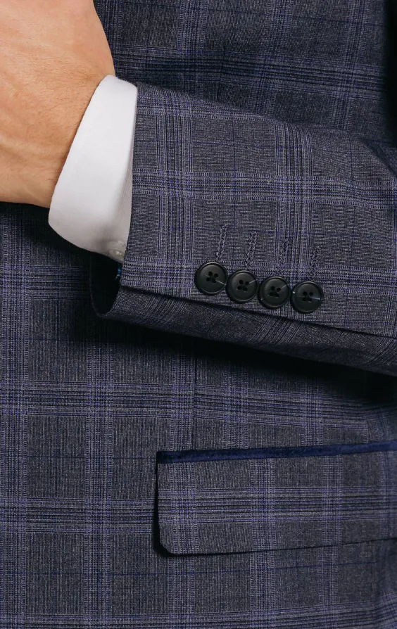 Veste de costume à carreaux gris et bleus avec bordure marine - photo 2