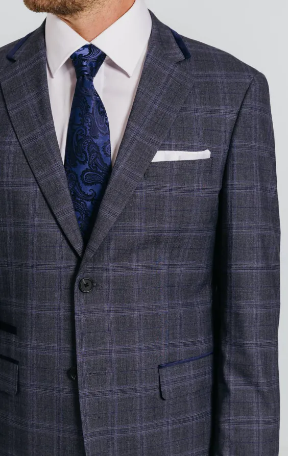 Veste de costume à carreaux gris et bleus avec bordure marine - photo 3