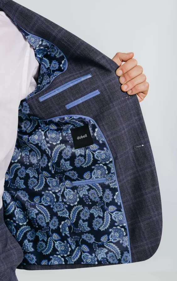 Veste de costume à carreaux gris et bleus avec bordure marine - photo 4