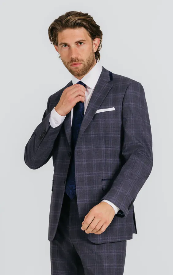 Veste de costume à carreaux gris et bleus avec bordure marine