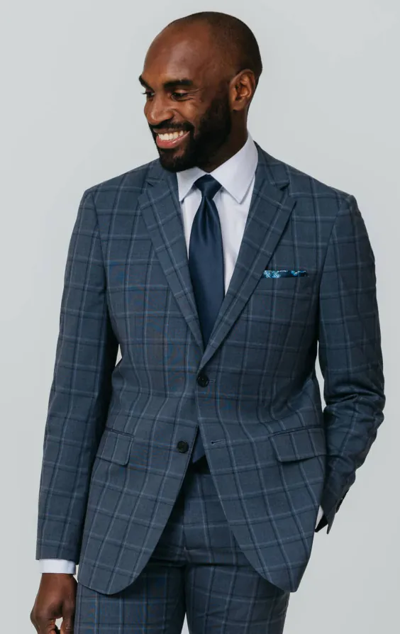 Veste de costume à carreaux à fenêtrage bleu audacieux Veste de costume à carreaux à fenêtrage bleu audacieux