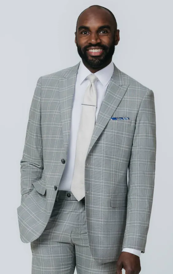 Veste de costume à carreaux gris et tan avec revers à pointe Veste de costume à carreaux gris et tan avec revers à pointe