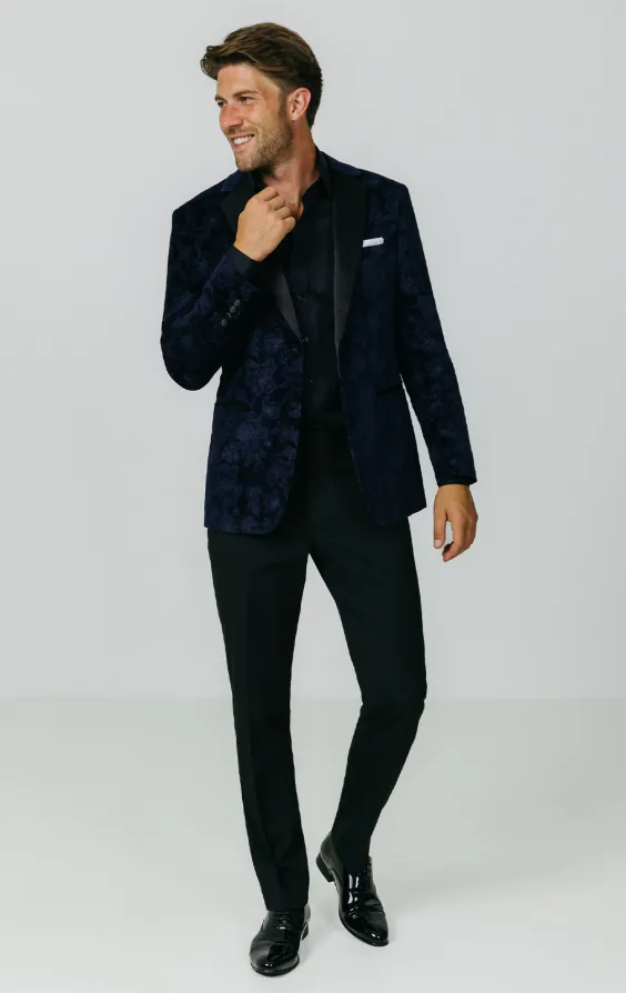 Veste de smoking en velours Jacquard floral marine bleu - photo 1