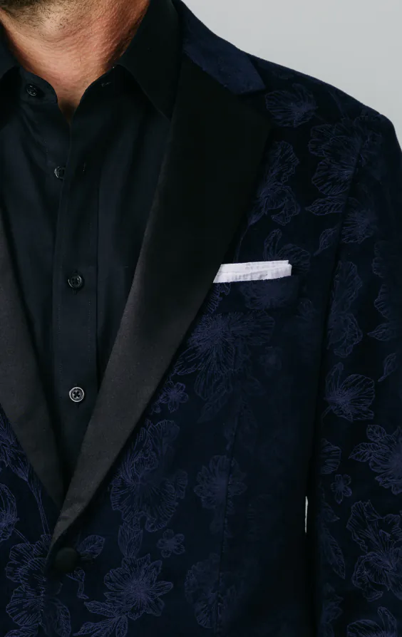 Veste de smoking en velours Jacquard floral marine bleu - photo 3
