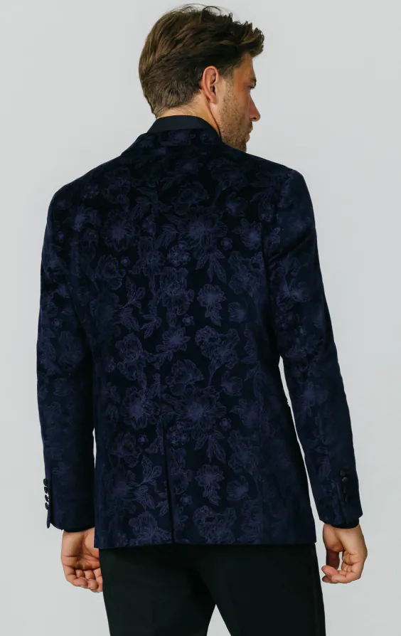 Veste de smoking en velours Jacquard floral marine bleu - photo 5