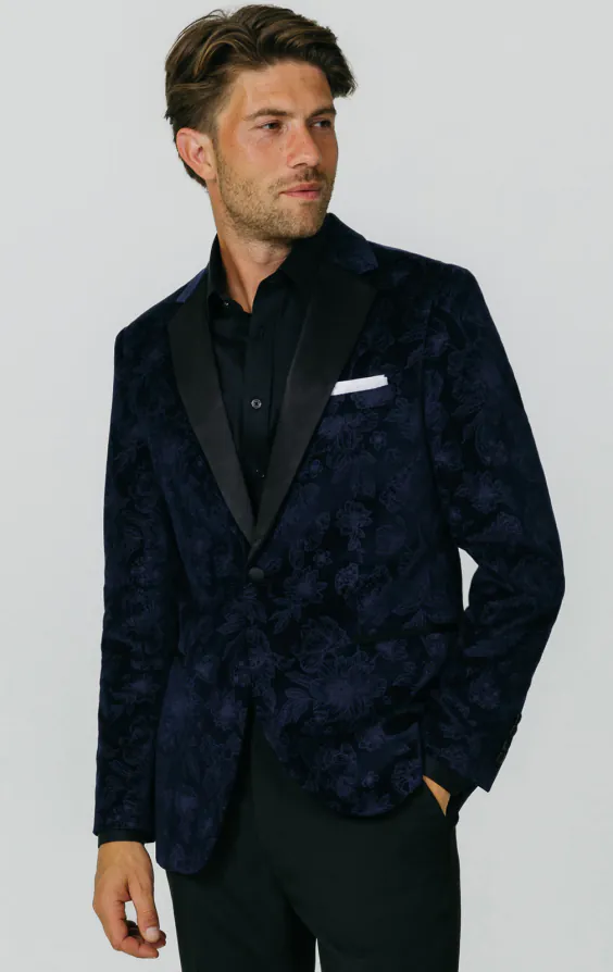 Veste de smoking en velours Jacquard floral marine bleu