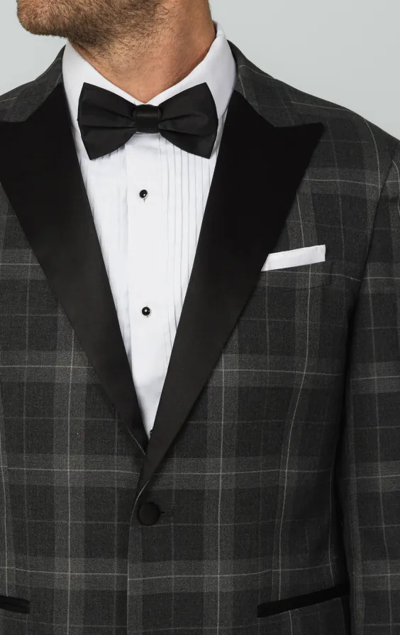 Veste de smoking à carreaux écossais gris avec revers à pointe - photo 3