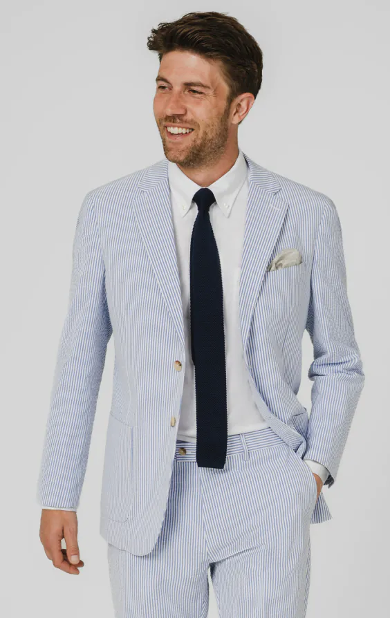 Veste de costume bleu et blanc en seersucker Veste de costume bleu et blanc en seersucker