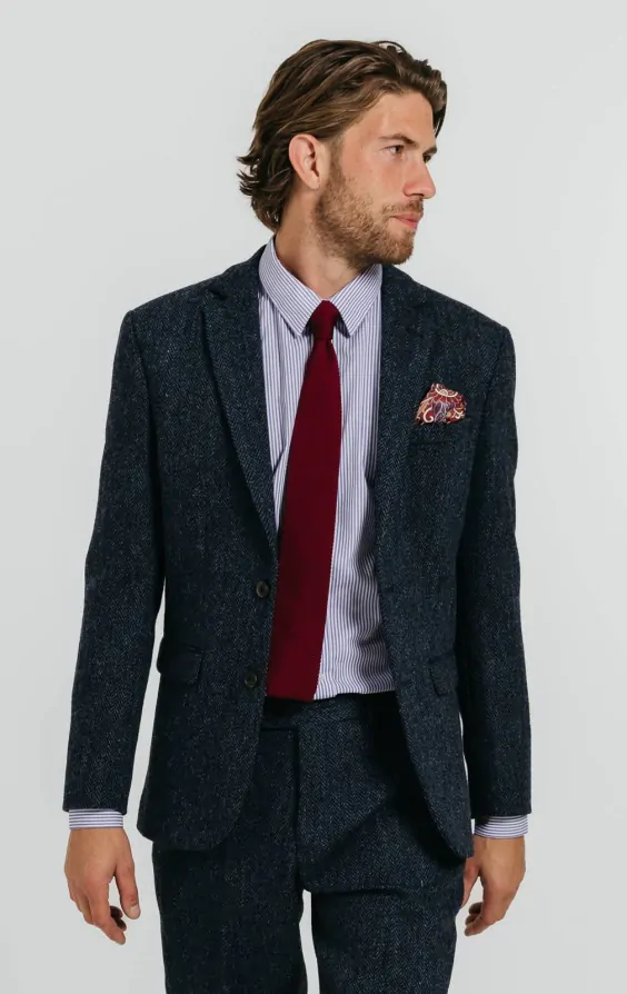 Costume Vintage 3 Pièces En Tweed à Chevrons Pour Homme - Coupe Ajustée - Pour Mariage, Bal De Fin D'année, Smoking, Bleu Marine, XX-Small