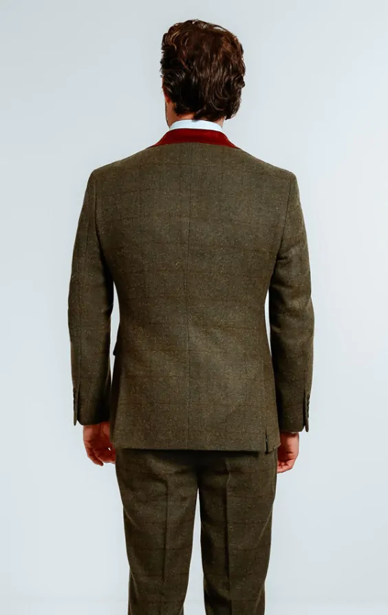 Dobell Veste de Costume Tweed Vert a Gros Carreaux Finitions Velours Dobell