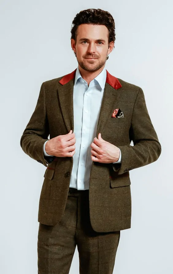 Dobell Veste de Costume Tweed Vert a Gros Carreaux Finitions Velours Dobell