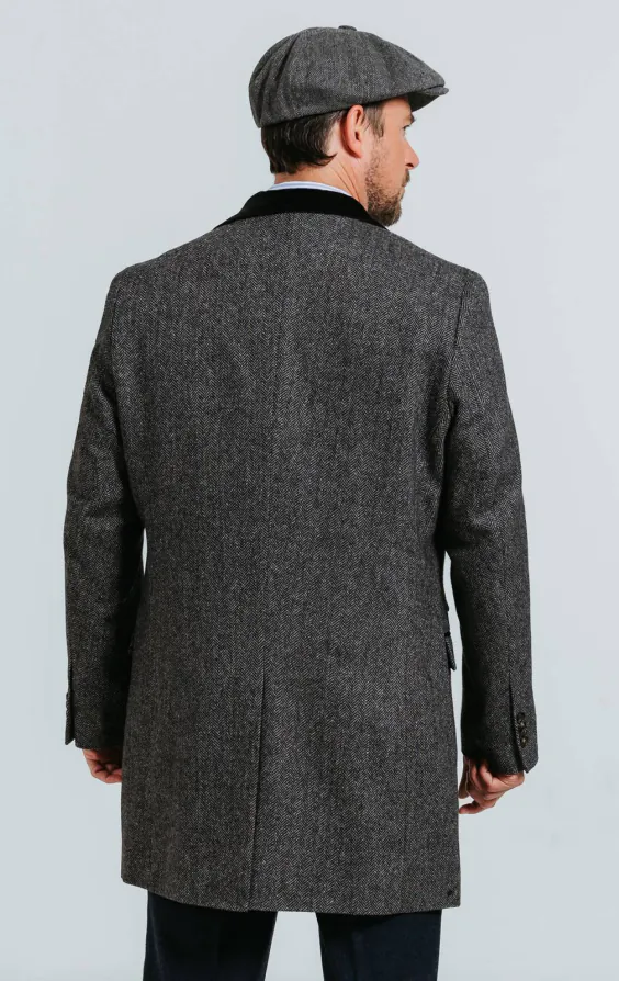 Dobell Pardessus Tweed Gris à Chevrons Finitions Velours - photo 2