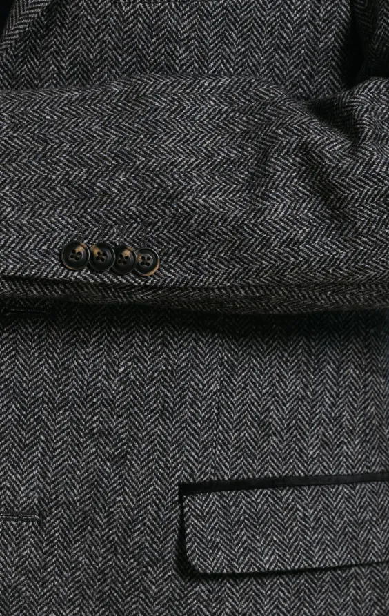 Dobell Pardessus Tweed Gris à Chevrons Finitions Velours - photo 3
