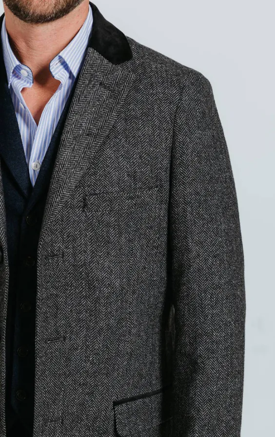 Dobell Pardessus Tweed Gris à Chevrons Finitions Velours - photo 4