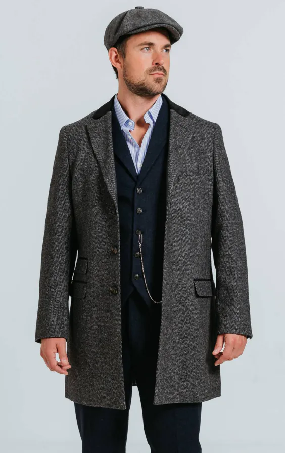 Dobell Pardessus Tweed Gris à Chevrons Finitions Velours