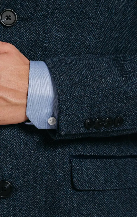 Pardessus tweed bleu marine à chevrons finitions cuir fauve