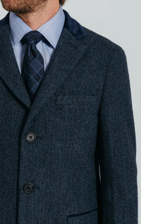 Veste Tweed Bleu Saddlemaster - Col Velours Marine - Taille 42 - Impeccable (Occasion)