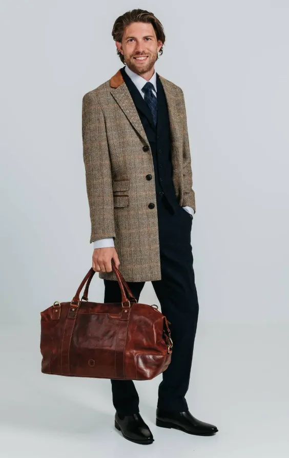 Manteau en laine melangee a carreaux marron et bleu avec finitions en velours Dobell