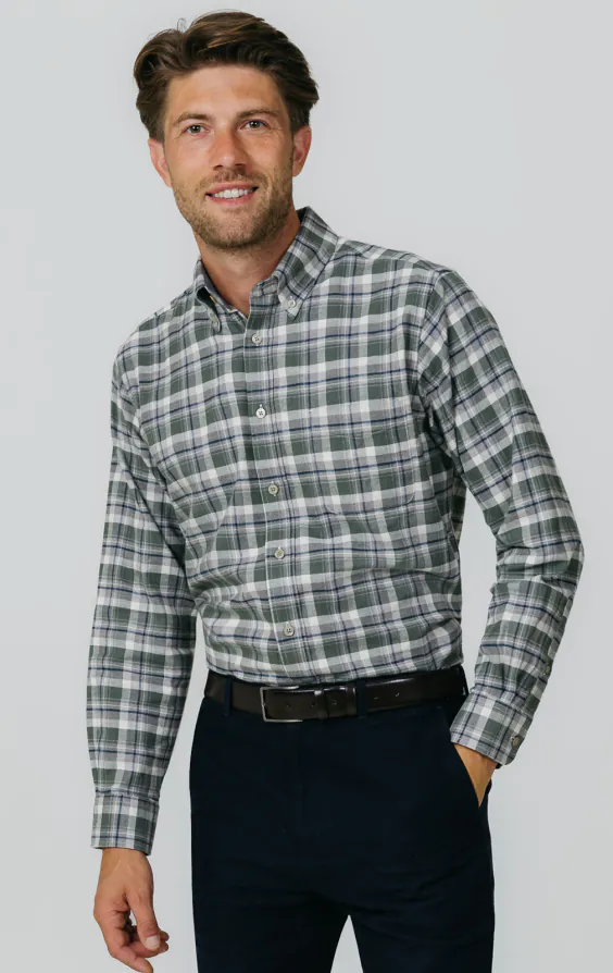 Chemise en coton brossé à carreaux verts et gris Chemise en coton brossé à carreaux verts et gris