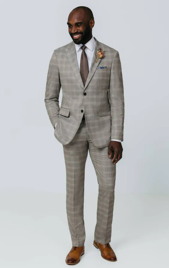 Costume à carreaux taupe avec revers à pointe - photo 1