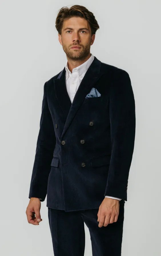 Costume croisé en velours côtelé bleu marine Costume croisé en velours côtelé bleu marine