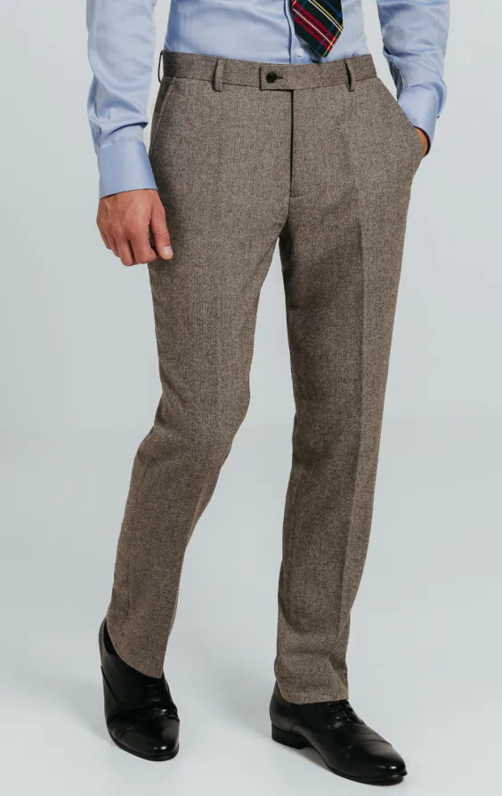 Pantalon de costume tweed marron à chevrons Pantalon de costume tweed marron à chevrons