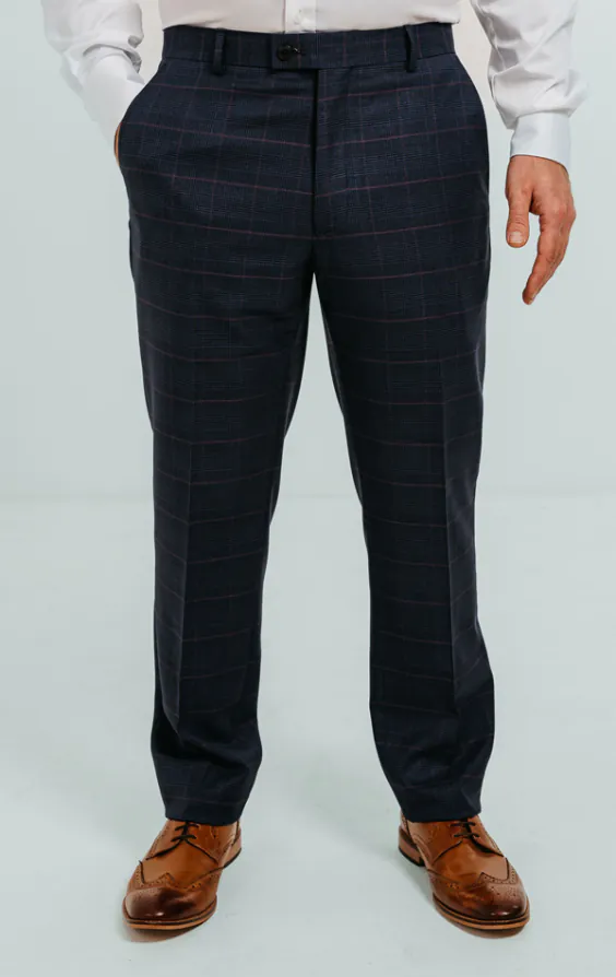 Pantalon de Costume Bleu Marine à Carreaux Rose