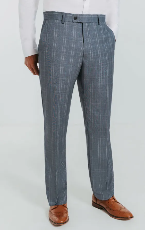 Pantalon de costume à carreaux bleu clair avec revers à pointe