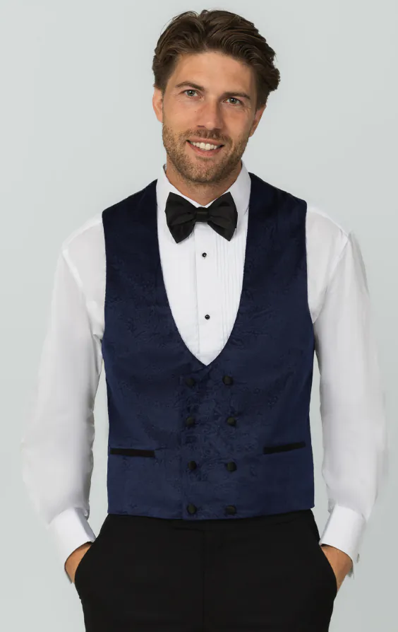 Gilet croisé de smoking en velour motif cachemire bleu marine Gilet croisé de smoking en velour motif cachemire bleu marine