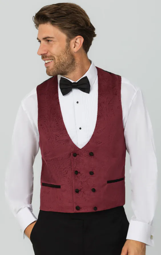 Gilet croisé de smoking en velour motif cachemire bordeaux Gilet croisé de smoking en velour motif cachemire bordeaux