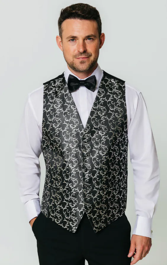 Gilet jacquard motif swirl Edwardien noir/argent Gilet jacquard motif swirl Edwardien noir/argent