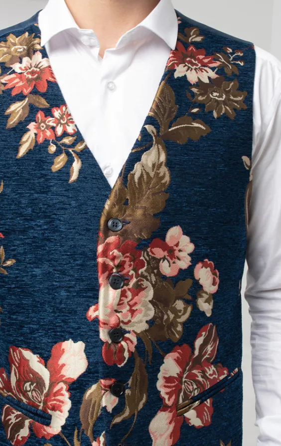 Gilet en brocart bleu floral - photo 1