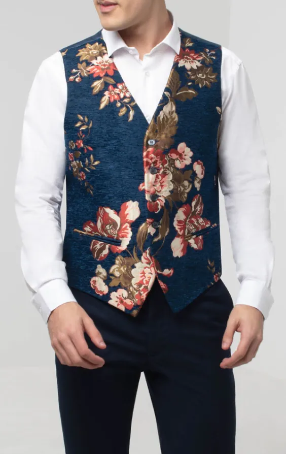 Gilet en brocart bleu floral