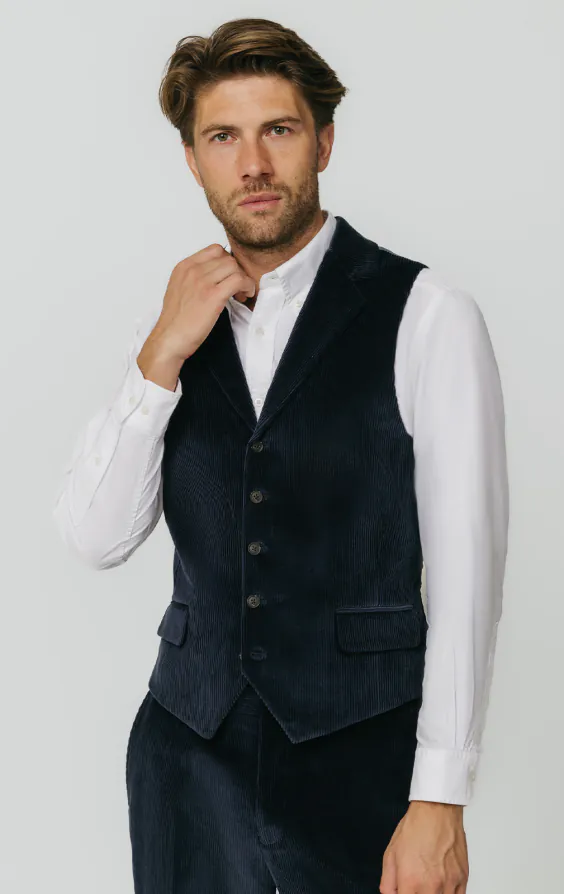 Gilet en velours côtelé bleu marine à revers cranté