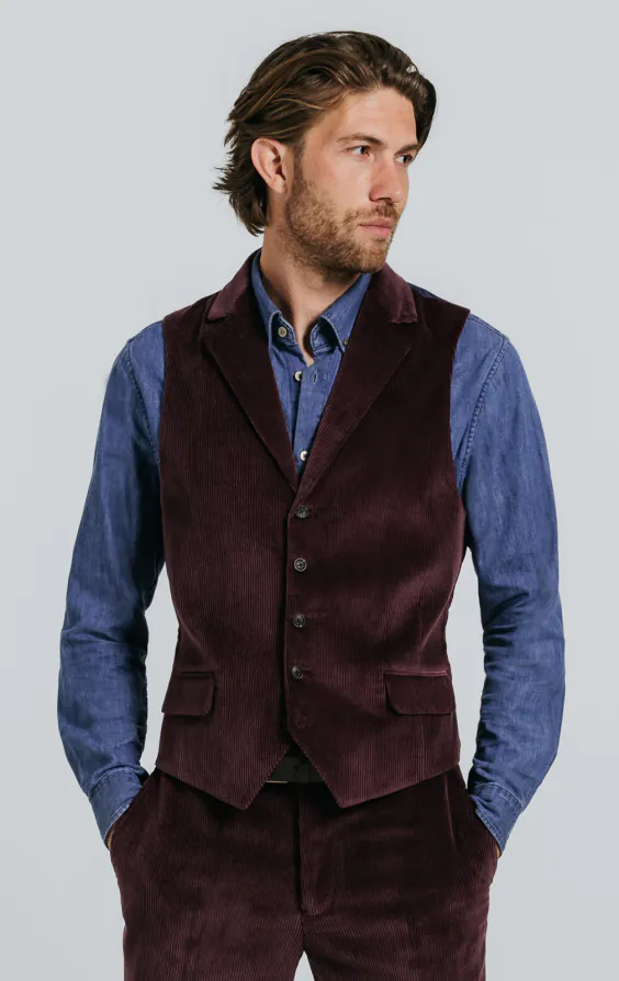 Gilet en velours côtelé bordeaux à revers cranté Gilet en velours côtelé bordeaux à revers cranté