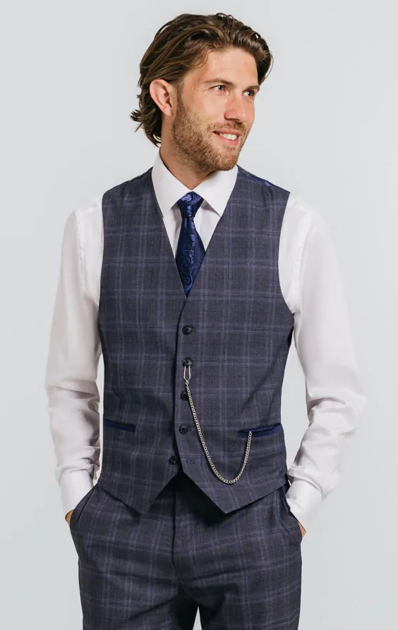 Veste de costume à carreaux gris et bleus avec bordure marine - photo 6