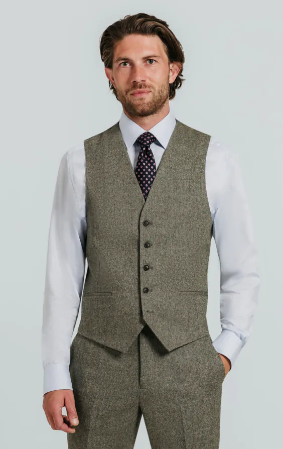 Gilet tweed vert sauge à chevrons Gilet tweed vert sauge à chevrons