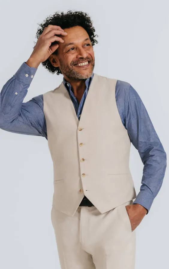 Veste de costume croisée en lin marron avoine à chevrons à col en pique - photo 6 Veste de costume croisée en lin marron avoine à chevrons à col en pique - photo 6