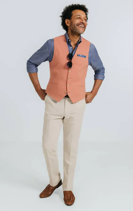 Gilet Léger 100% Lin Couleur Corail - Taille 44 - Style Basique Et Décontracté