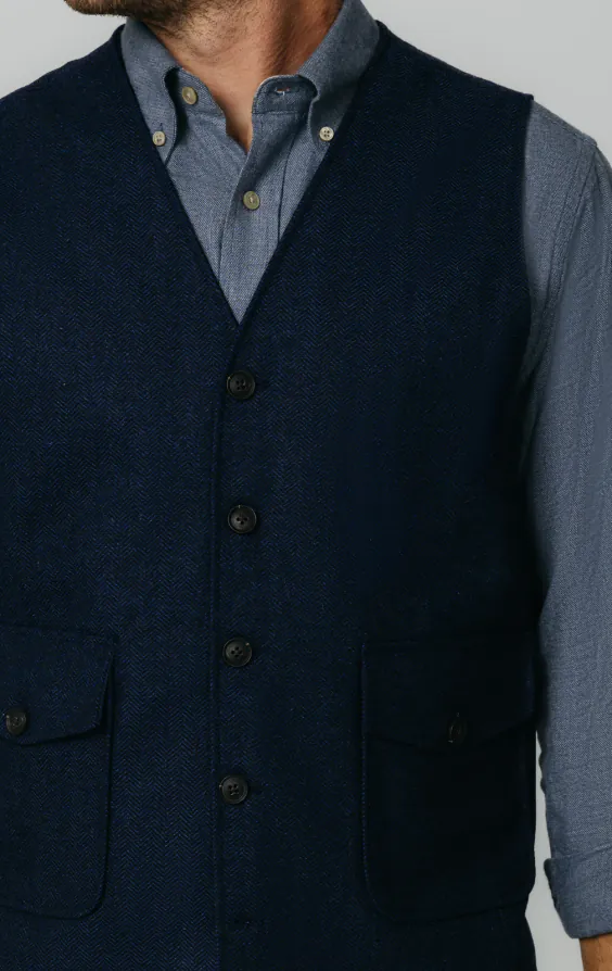 Gilet en tweed bleu marine à chevrons avec poches plaquées - photo 2 Gilet en tweed bleu marine à chevrons avec poches plaquées - photo 2