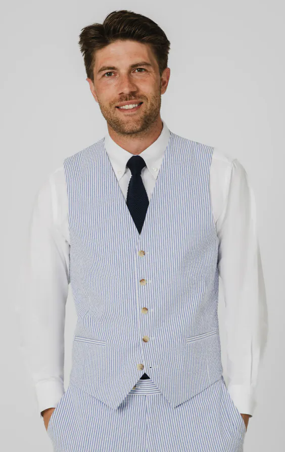 Gilet bleu et blanc en seersucker