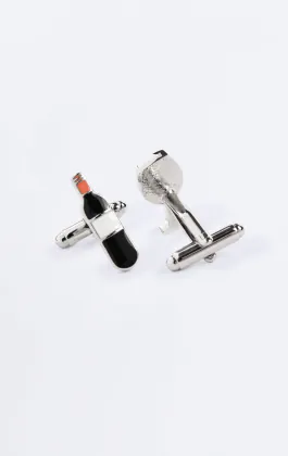 Boutons de manchette bouteille de vin rouge et verre