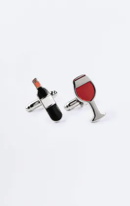 Boutons de manchette bouteille de vin rouge et verre