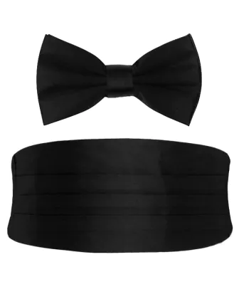 Ensemble Ceinture de Smoking & Nœud Papillon Pré-Noué en Soie Noire